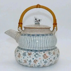 Vintage Lynne Norwood Lofton Art Pottery Pink Blue Kitten Cat Teapot Signed